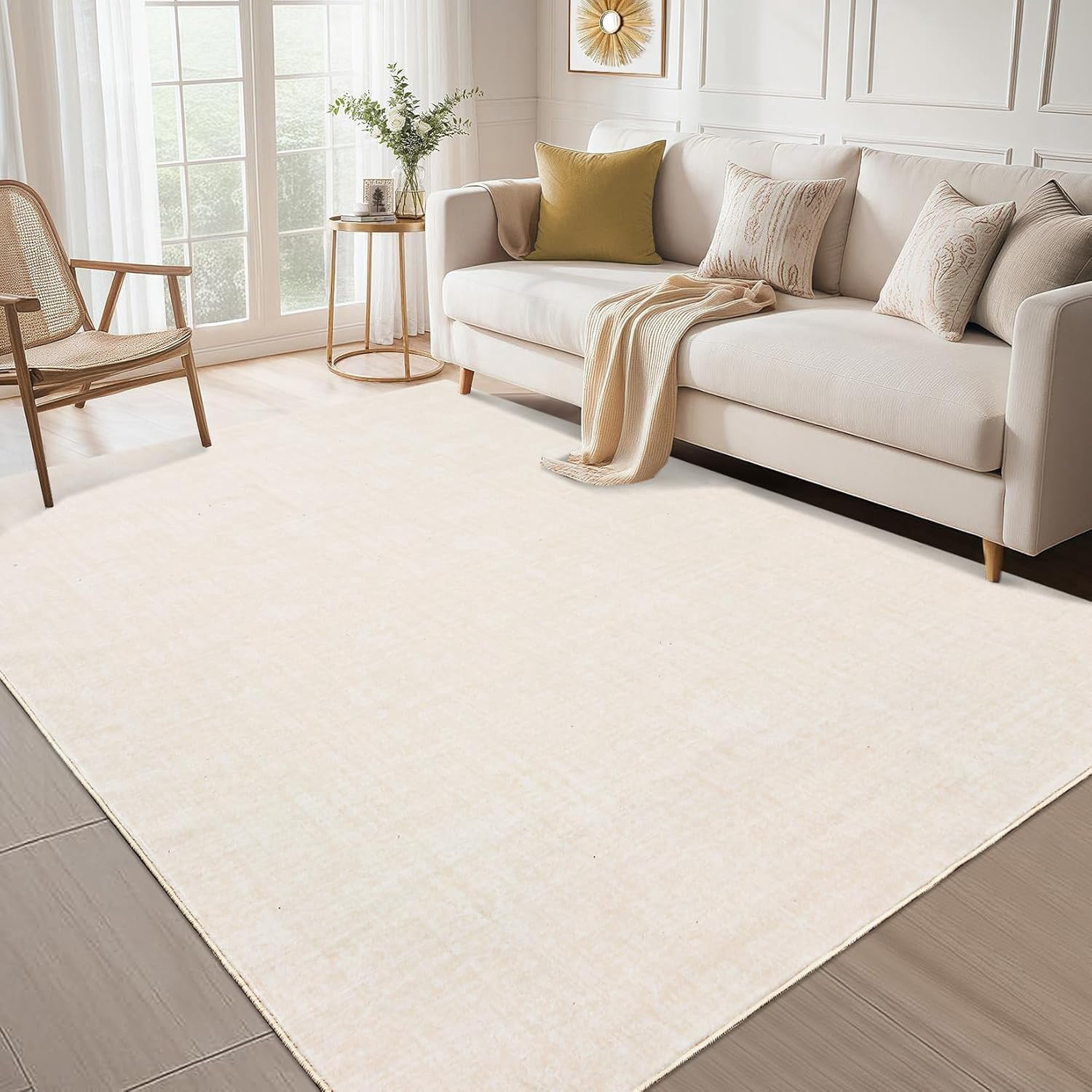 Memoryfield 9' x 12' Washable Area Rug, Stain-Resistant Low Pile Non Slip Carpet, Floor Mat for Living Room Bedroom Home Office, Beige
