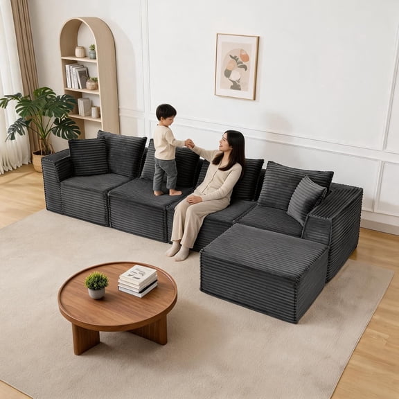 137" Cloud Couch L-Shape Corduroy Modular Sectional Sofa, Deep Seat Boneless Couch with Removable Ottoman, No Assembly, for Living Room, Apartment,Gray