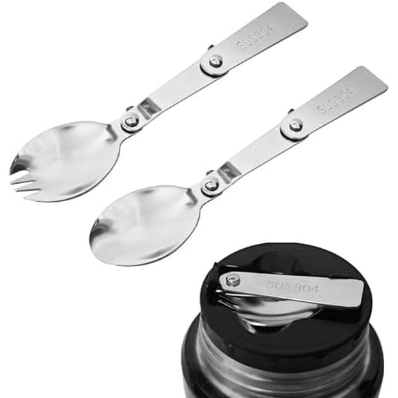 Replacement Foldable Spoon and Fork Set Compatible with Thermos Funtainer 16oz Food Jar, Stainless Steel Spoon Salad Spork Portable Outdoors, Dishwasher Safe