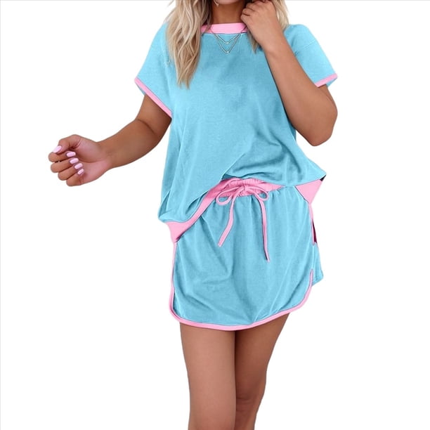 Conjunto de Dos Piezas para Mujer, Jersey Informal de Corta, Pantalones Cortos A Juego, Chándal, Azul , Talla L