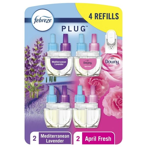 Febreze Odor-Fighting Fade Defy PLUG Air Freshener,Downy April Fresh, Mediterranean Lavender, 87 fl. oz. Oil Refills, 4 Refills (2 of Each)