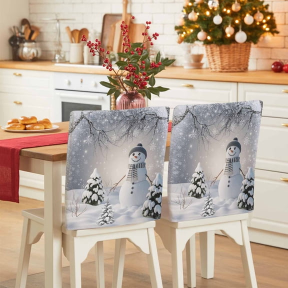 Grey Christmas Chair Covers Set of 4 Cute Snowman Xmas Tree Snowflake Winter Chair Back Covers Stretch Removable Washable Slipcovers Protector for Dining Room Kitchen Party Decor