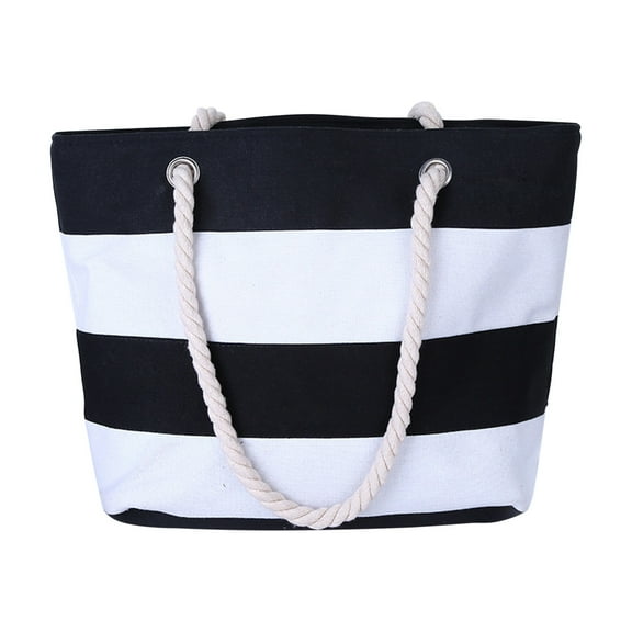 Wovilon Tropical Summer Striped Beach Bag for Women (Black), Tote Bags Reusable Grocery Shoulder Bag with Zipper Pocket