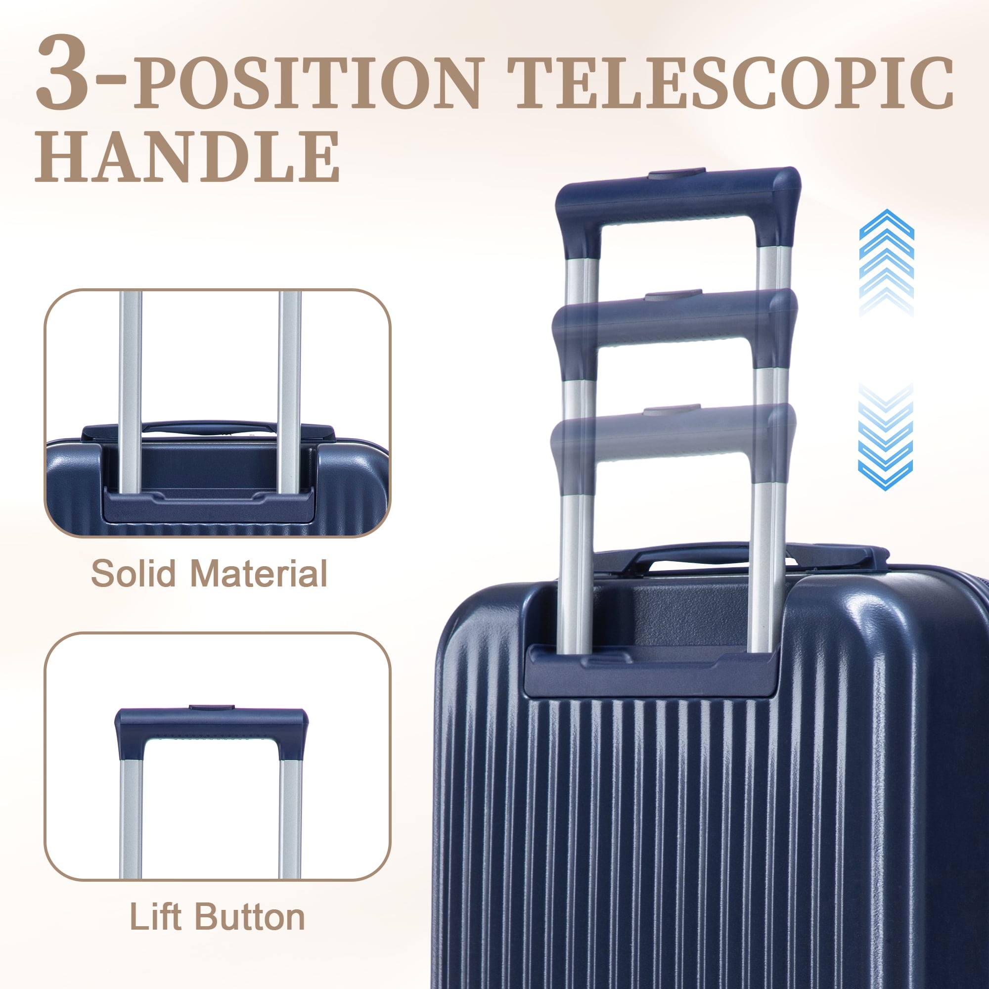 14"/20" 2 pcs/set in ABS Spinner Wheel Luggage, with Combination Lock and Front Opening Design, 14" Cosmetic Case (Navy)
