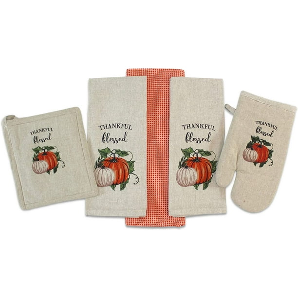 Thanksgiving Farmhouse Fall Kitchen Towels and Pot Holder Set Thankful