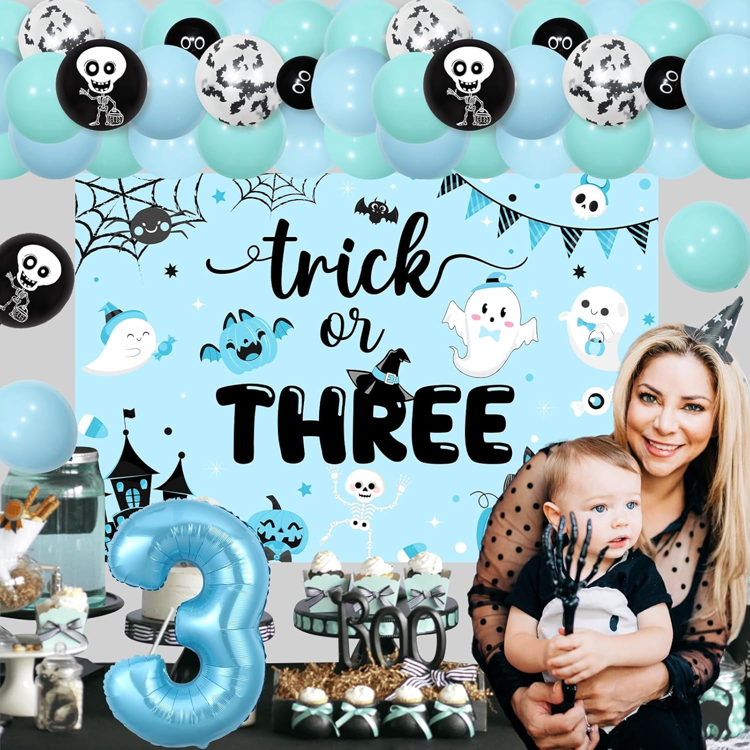 Jollyboom Halloween 3rd Birthday Party Decorations Boy, Trick Or Three Birthday Decoration Backdrop Balloon Garland Kit Number 3 Foil Balloon Blue Black for Boy Trick Or Treat Three Spirit Party