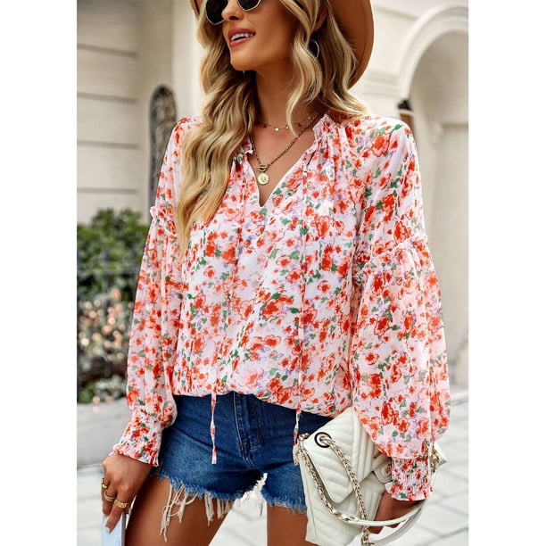Camisa Suave, Estampado Floral Escote En V Mujer Blusa Transpirable Encaje Empalmado Para Fiesta Para Trabajo ANGGREK No