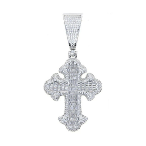 3 Ct Baguette Round Lab Created Diamond Cross Men's Pendant 14K White Gold Plated