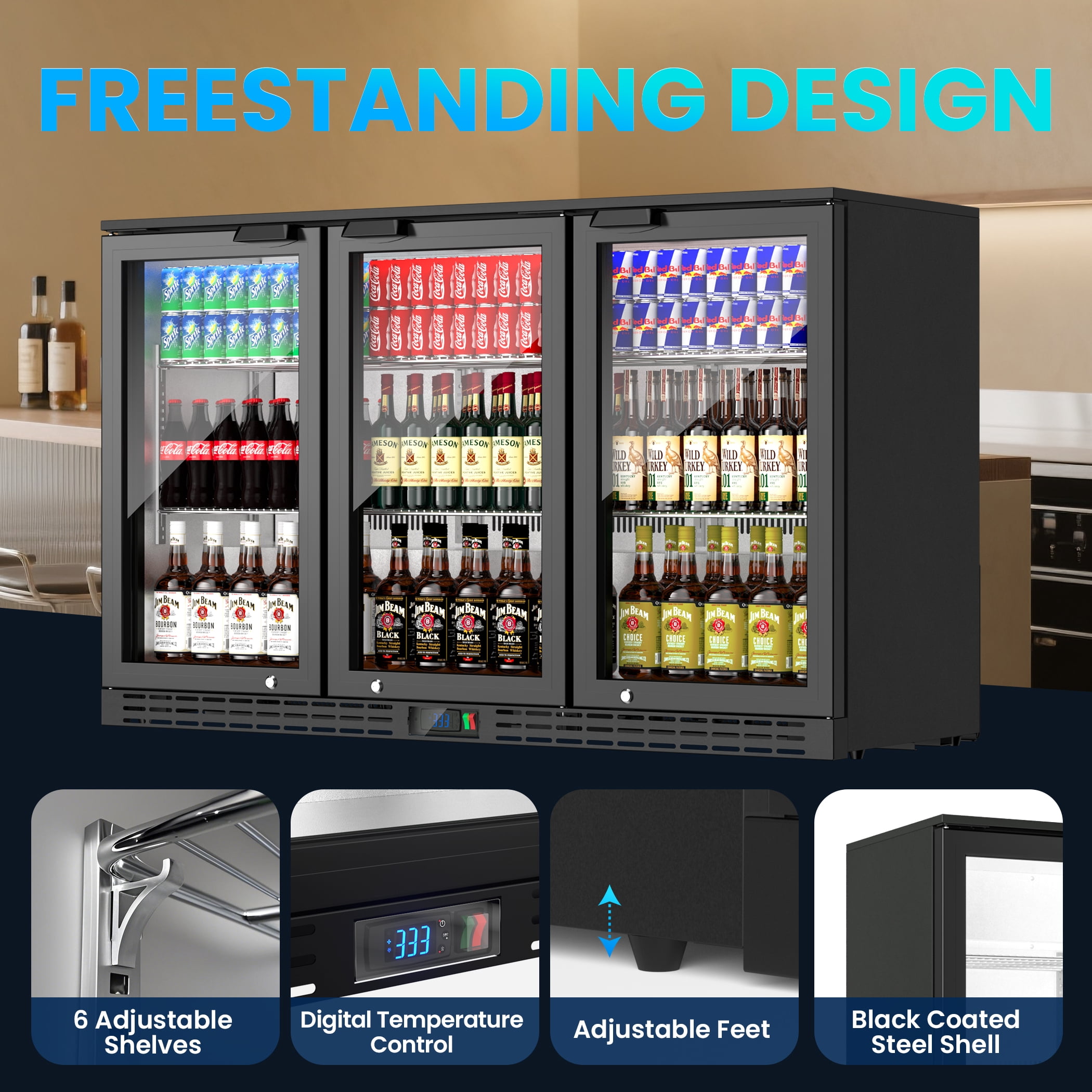 Coolake 53" 11.7 cu.ft Commercial Back Bar Cooler with 3 Glass Doors, Under Counter Height Beverage Refrigerator in Stainless Steel with LED Lighting for Soda Drinks, Beer, Wine