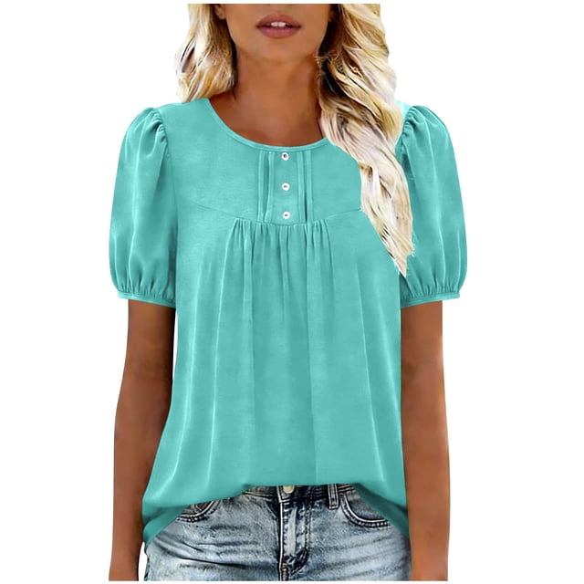 BLVB Plus Size Womens Summer Tops Puff Short Sleeve Crew Neck Pleated T Shirts Button Loose Dressy Casual Tunic Blouses