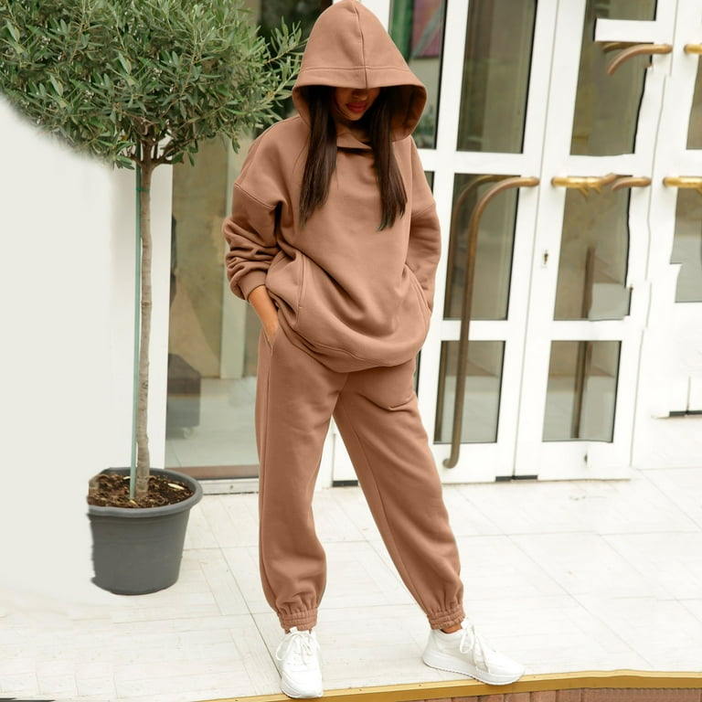 Women's Fashion Casual Outfits Clothes Set Sports Solid Color Long Sleeve Hoodie  Trousers Shirt Sports Warm Hooded Sport Women Trendy Stylish Clothing Suits  Female Leisure Elegant Loungewear 