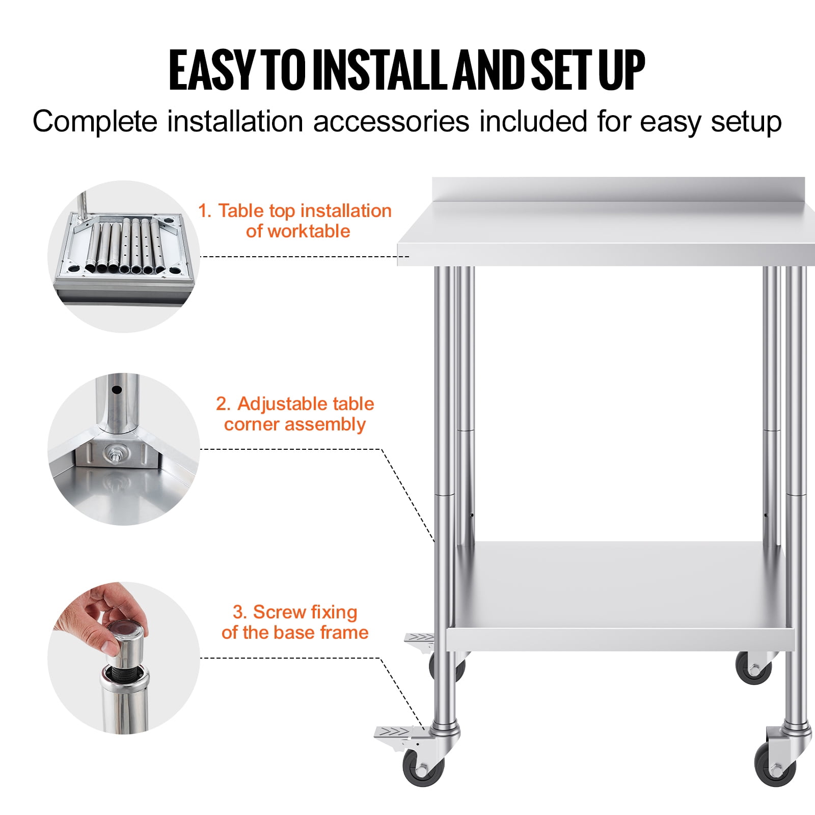 KFFKFF 24x30x40-Inch Metal Prep Table, Stainless Steel, with Wheels, Adjustable Height, Durable for Restaurant, Home, Hotel Use