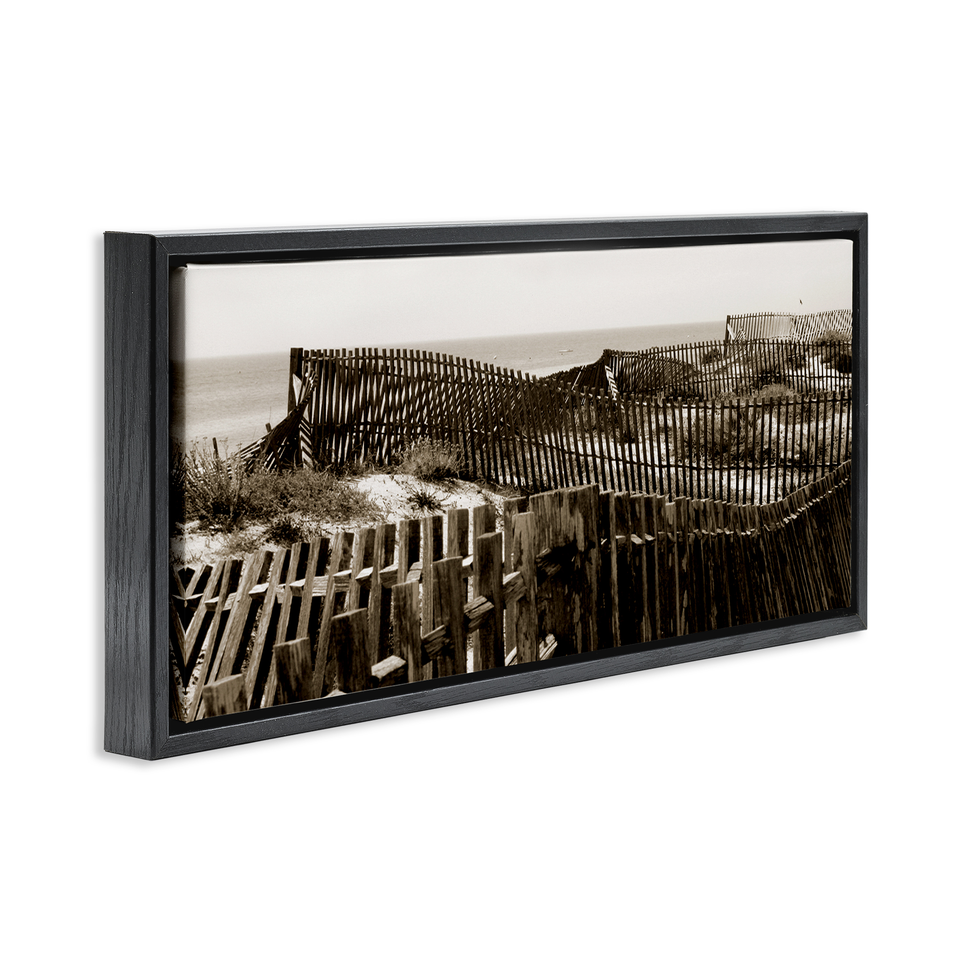 Stupell Industries Winding Beach Fence Landscape & Nature Photography Black Floater Framed Canvas Art Print Wall Art, 31 x 14