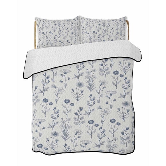 Quilts King Size Bedding Set, Navy Blue Flowers Lightweight Quilted Comforter, Spring Summer Farmhouse Botanical Soft Reversible Bedspread Coverlet with Pillow Covers for All Season, 96" x 106"