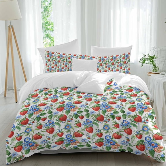 3 Piece Strawberry Duvet Cover Set Full Size, Microfiber Comforter/Quilt Cover with Corner Ties and 2 Pillowcases, Summer Botanical Blue Spring Floral All Season Soft Bedding with Zipper Closure
