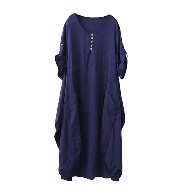 Qarigey Vestido suelto femenino manga corta primavera verano cuello Irregular Casual Color sólido vestidos hasta la rodilla Vestidos Azul oscuro XXL