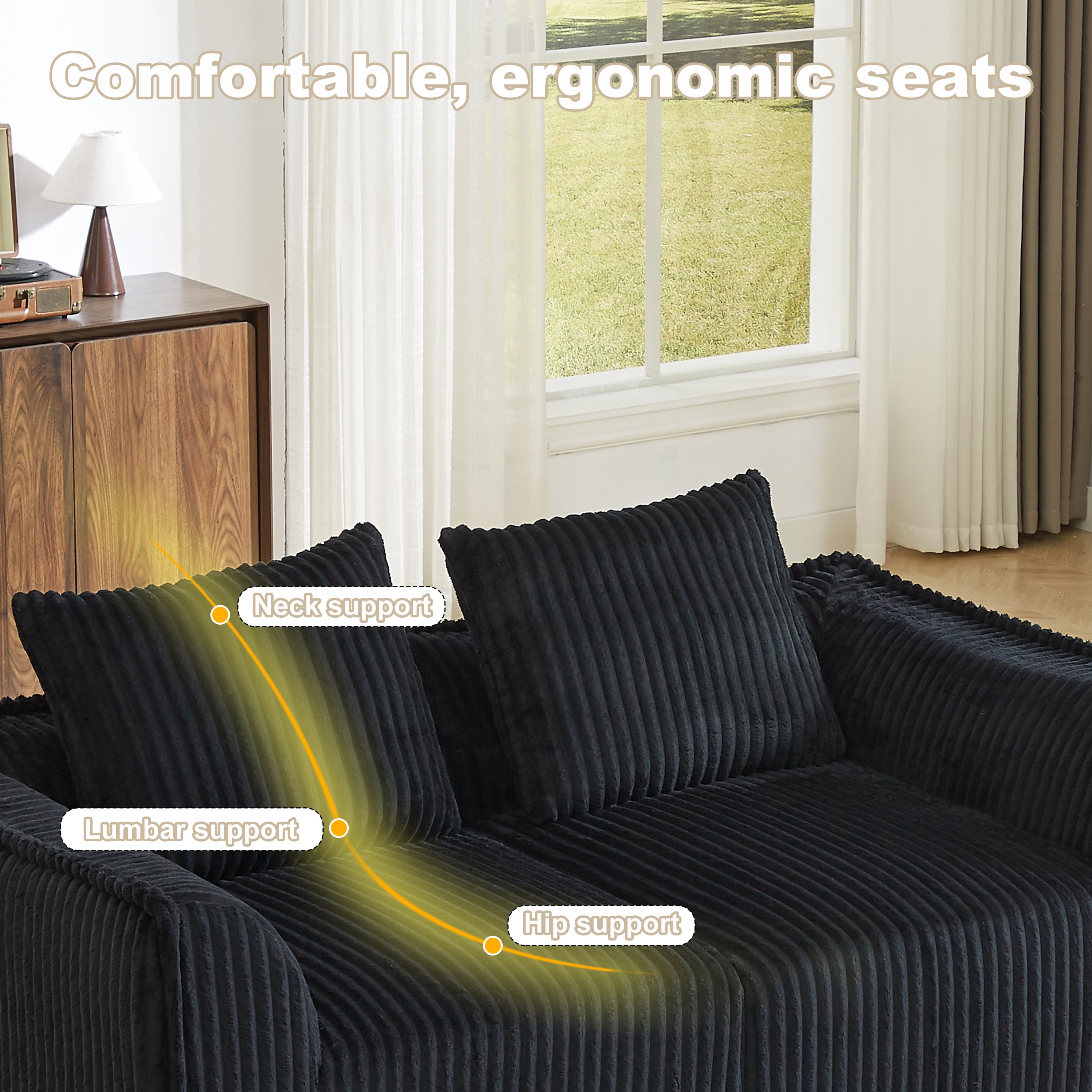 Leumius Corduroy Sofa for Living Room, Boneless Loveseat Couch with Gently Sloped Backrest and 2 Pillows,No Assembly,Black(2 Seat)