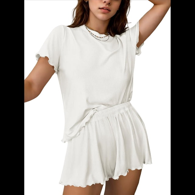 Conjunto de Pijama de Verano de 2 Piezas de Punto Acanalado y Corta para Mujer, Suave y Cómodo, para Estar en Casa. M