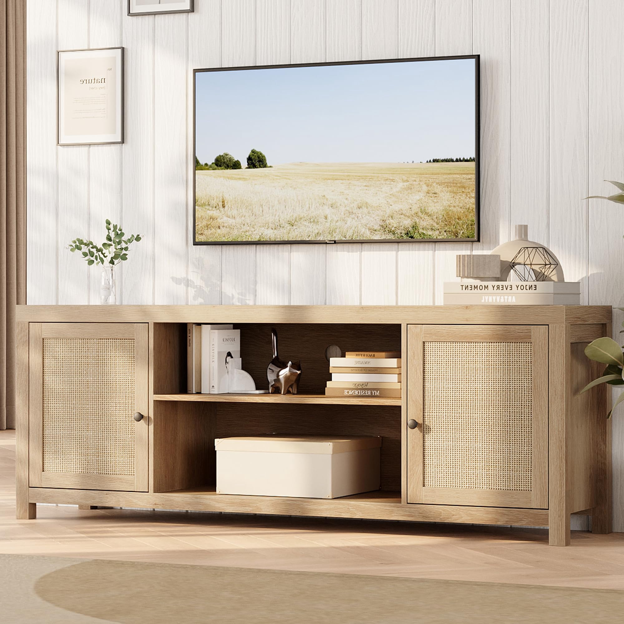 TROPOW Tv Stands for Living Room,Boho TV Stand for 65 Inch TV, Rattan Entertainment Center with Storage, Wood TV & Media Console Under TV Cabinet for Living Room Bedroom, Natural Oak - 57inch