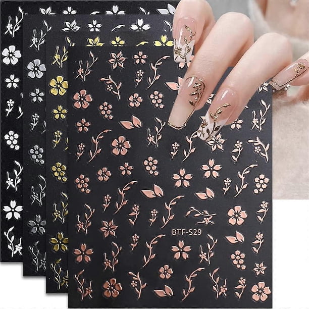 Flower Nail Art Stickers, Cherry Blossoms Nail Decals 3D Self-Adhesive Rose Gold White Sliver Gold Cherry Blossom Spring Nail(4Sheets)