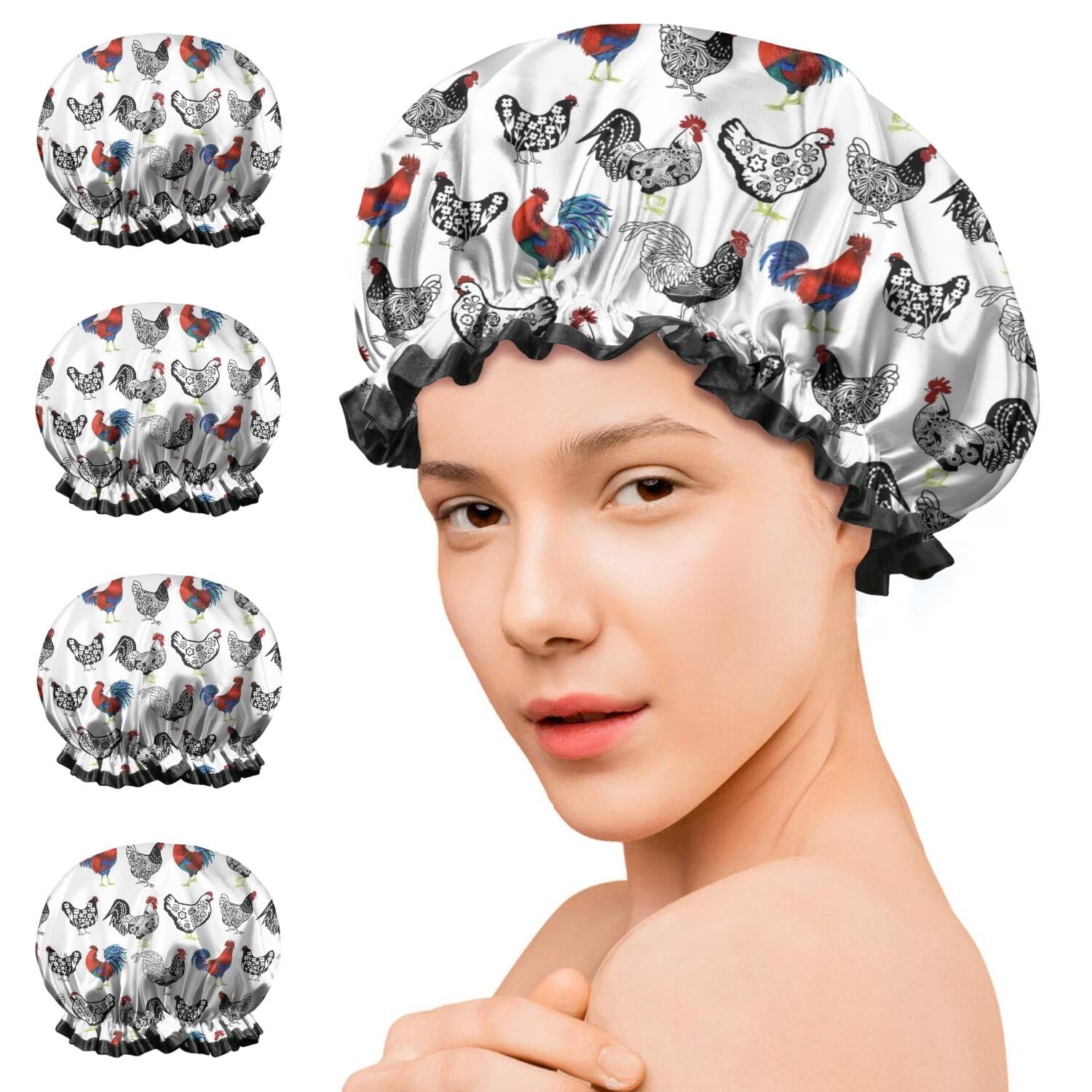 Shower Caps,White Chicken Folk Pattern Waterproof Shower Cap for Women 4 Pieces,Double Reusable Hair Cover for Shower PEVA Elastic Stretch Hem