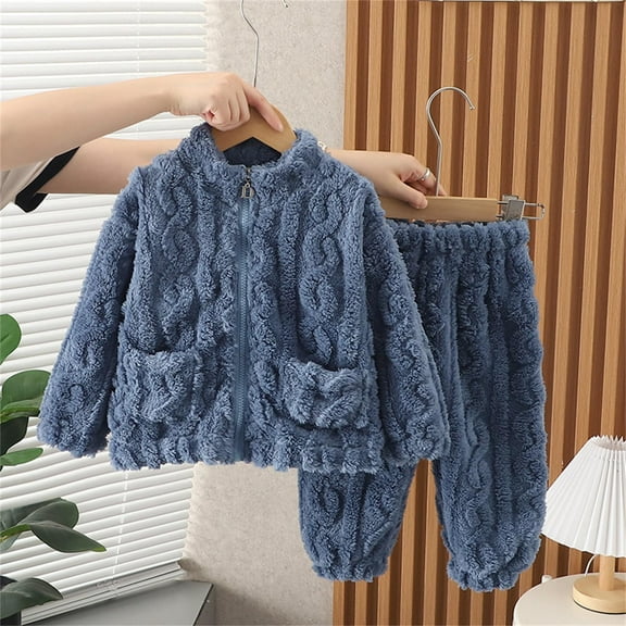 Kids' Fleece Two Pieces Set Flannel Loungewear Fluffy Zipper Jacket with Pockets Elastic Waist Pant to Fuzzy Outfit for Winter