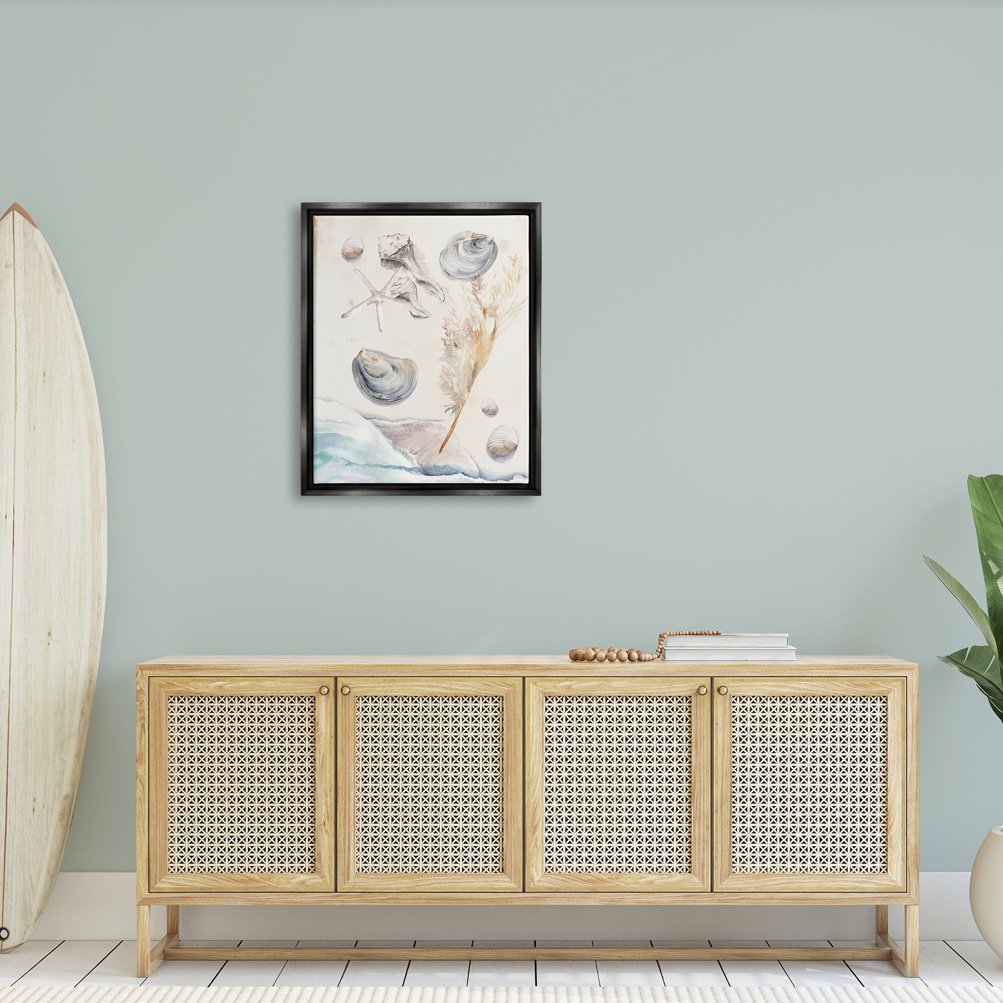 Stupell Beach Shore Splashing Sea Shells Landscape Painting Black Floater Framed Art Print Wall Art