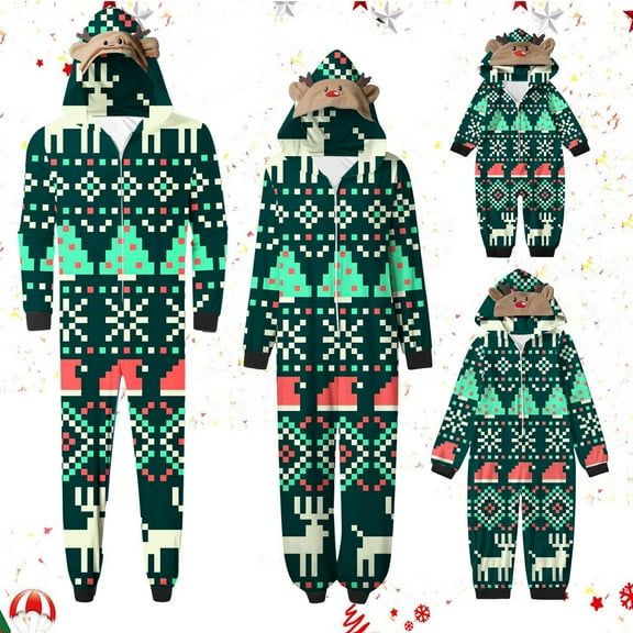 Odeerbi Matching Family Christmas Pajamas Sets Baby Hooded Onesie Romper Jumpsuits Toddler Boys Girls Cute Xmas Deer Print 2025 Long Sleeve Plush Sleepwear Loungewear Jammies for Baby