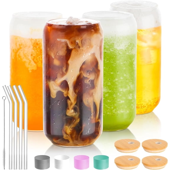 Drinking Glass Set of 4, 16oz Can Shaped Glasses Cups, Iced Coffee Glasses, Beer Tumbler, for Whiskey, Soda, Tea, Juice, Gift, with Lid, Straw