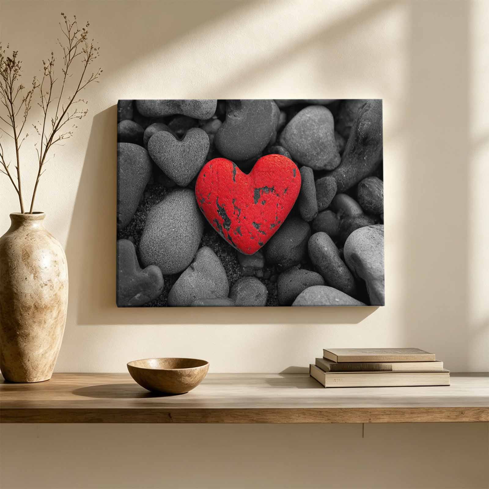 Love Stone Canvas Wall Art Vintage Abstract Red Heart Black White Stones Wall Art Prints Artwork Framed Canvas Ready to Hang Art Pictures for Hallway Living Dining Room Bedroom 24 x 16
