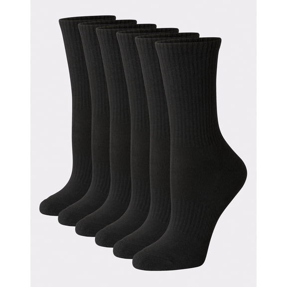 Hanes Women's Performance Crew Socks, Cushioned, 6-Pairs Black 5-9