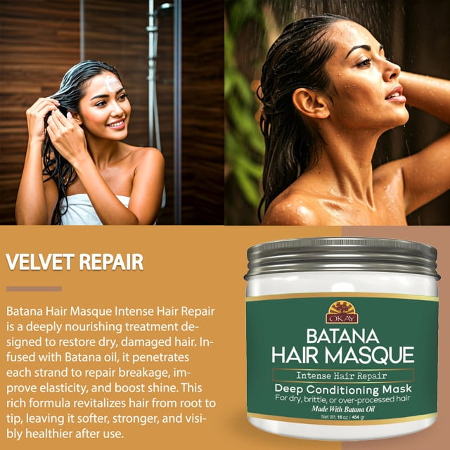 OKAY Batana Hair Masque Deep Conditioning Treatment with Batana Oil, Quinoa & Coconut Oil, Repairs Dry Damaged Hair, Restores Shine & Elasticity, Sulfate Paraben Silicone Free, 16 oz