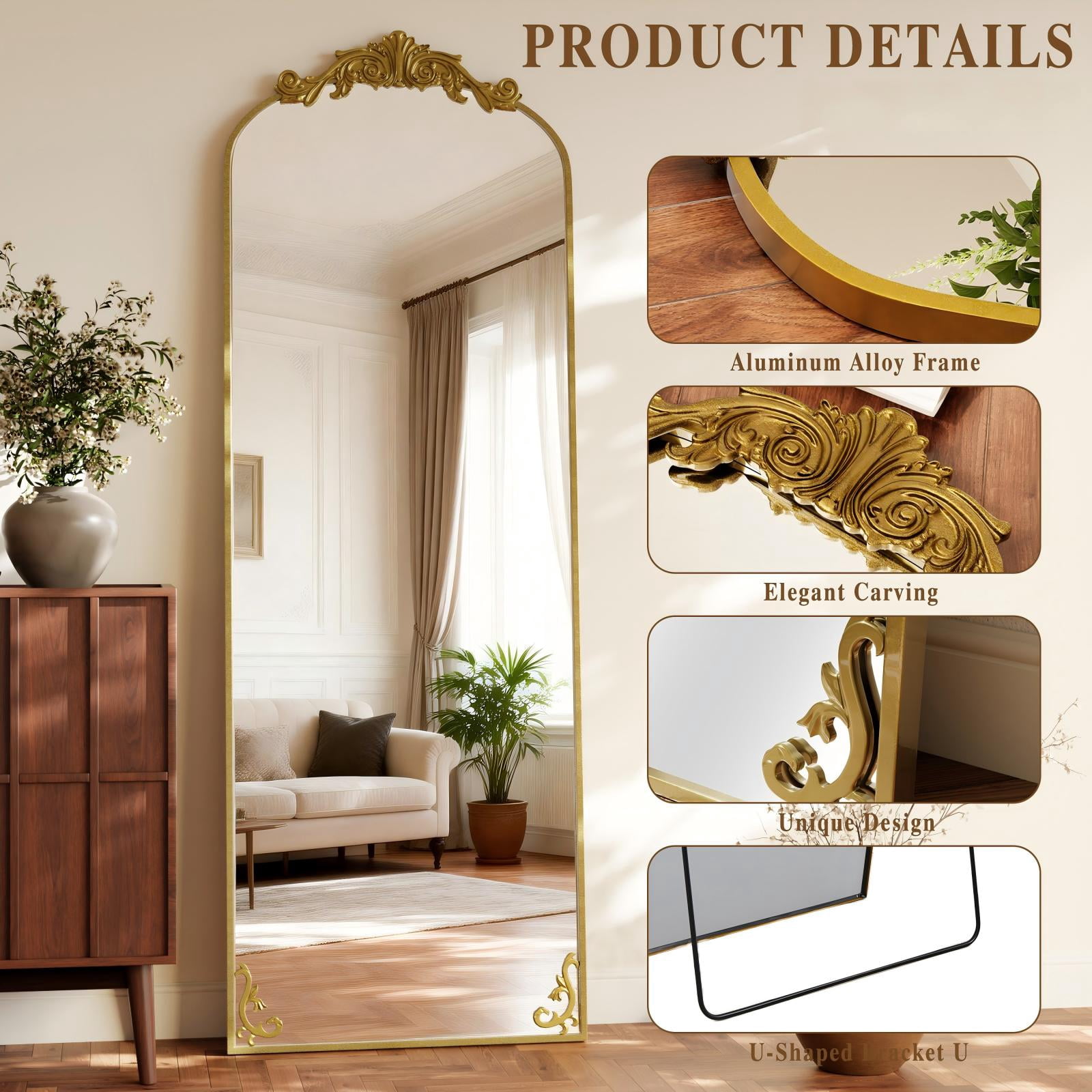 AUROMIR 70"x 24" Arched Full Length Mirror Vintage Floor Mirror with Carved Metal Frame, Gold