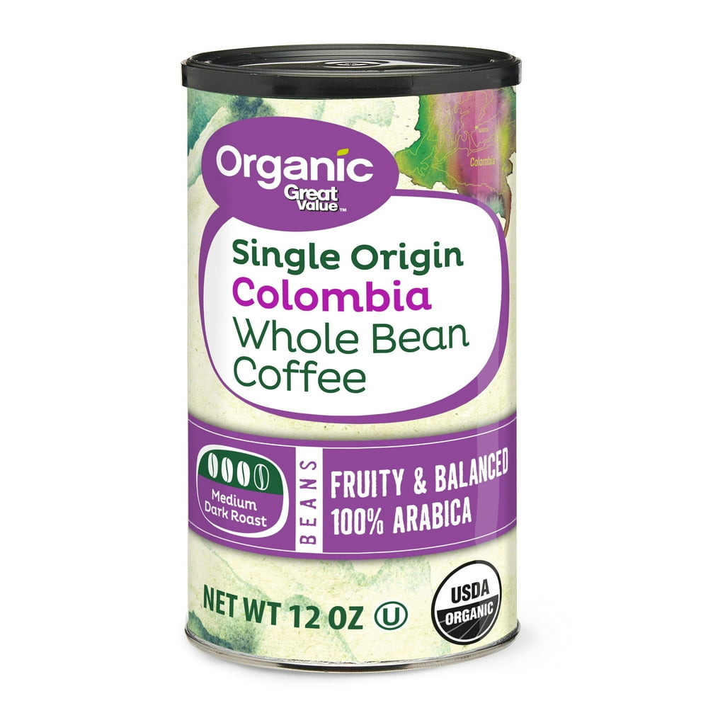 Great Value Organic Single Origin Colombia Whole Bean Coffee, 12 oz