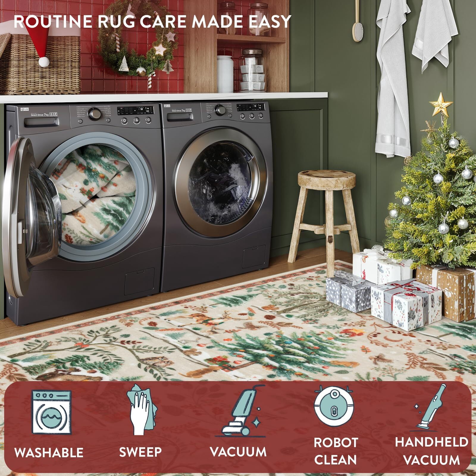 Wonnitar 8x10 Christmas Area Rug, Washable Soft Large Rug for Living Room, Non Slip Low Pile Bedroom Rug Xmas Tree Indoor Floor Carpet for Dining Room Winter Holiday Decor, Beige
