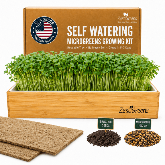Self Watering Microgreens Growing Kit. Hands Down the Easiest Way to Grow Microgreens. Includes Microgreens Tray, Seeds, Mats, and Bamboo Surround. No Soil Needed. Easy Setup. (Salad & Broccoli)