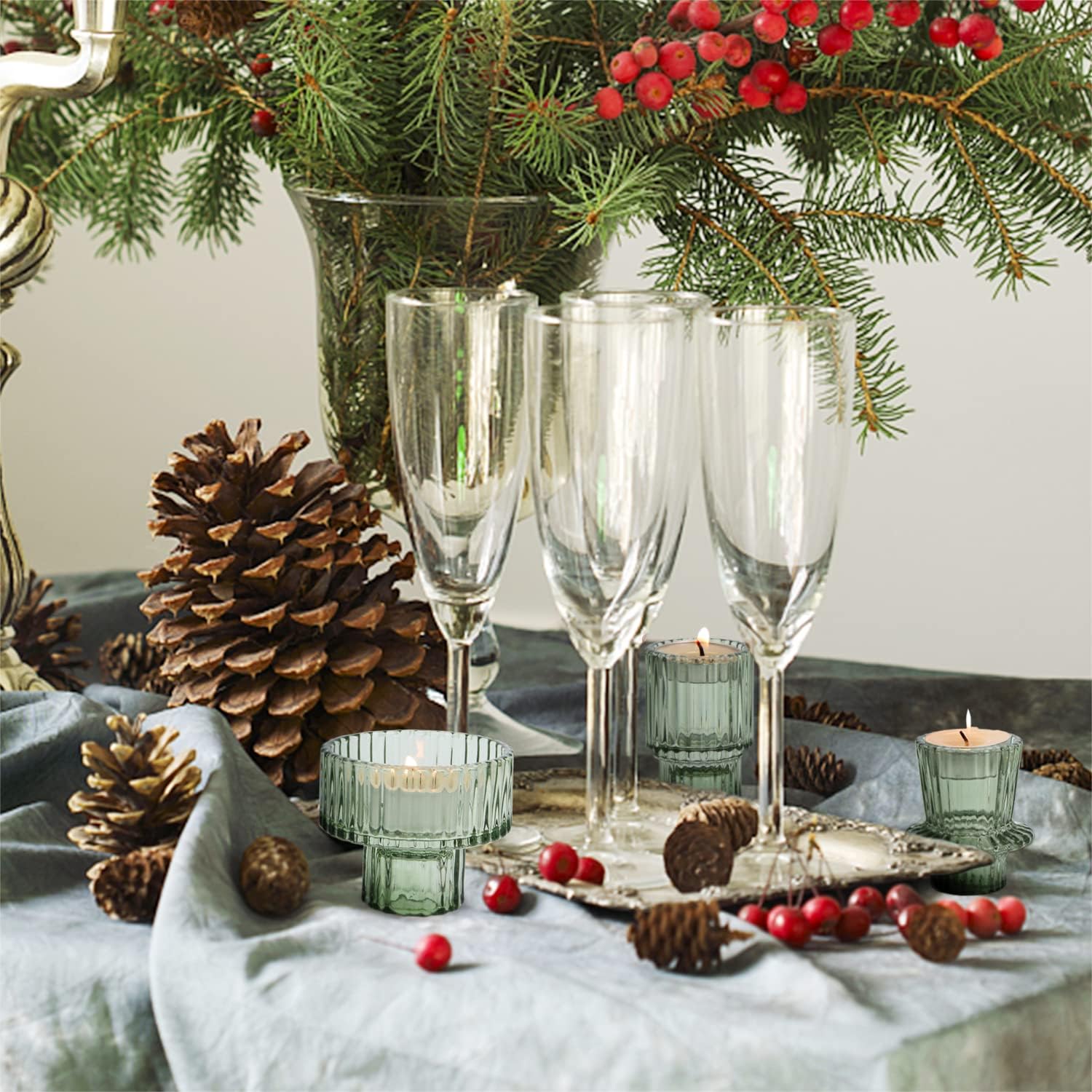 HofferRuffer Glass Taper Candle Holders, Set of 3, Green photo 8