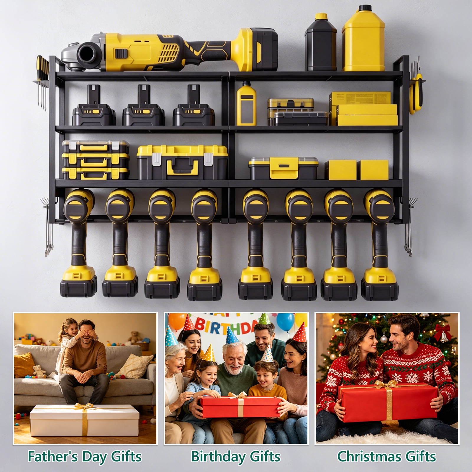 WLLJOY Power Tool Organizer Wall Mount, 4 Layer Heavy Duty Loads 400 lbs, with 8 Drill Holder, Large Tool Storage Rack for Workshop/Utility Room