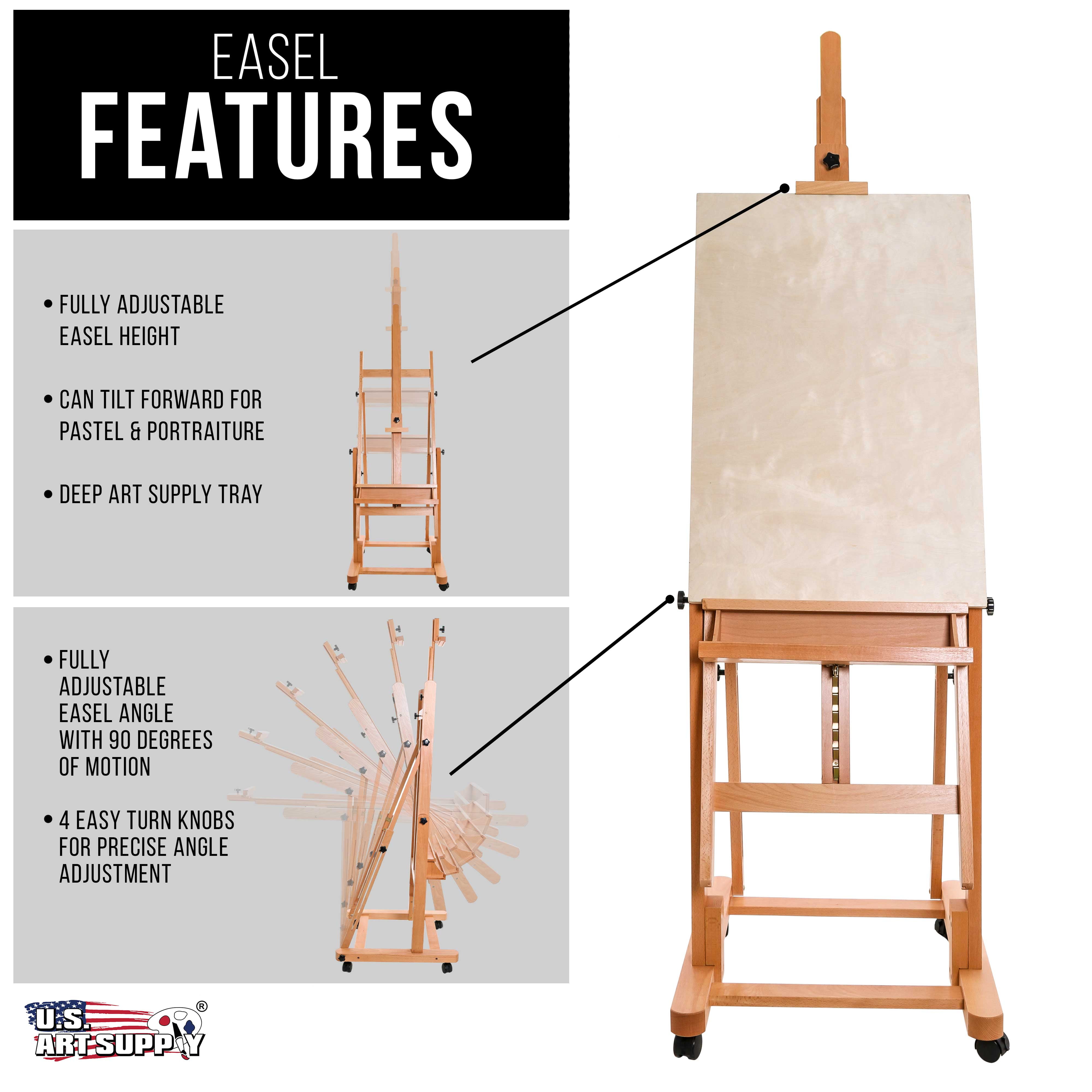 U.S. Art Supply Malibu HD Extra Large Adjustable H-Frame Studio Easel, Artist Tray - Wooden Canvas Holder Stand, Wheels