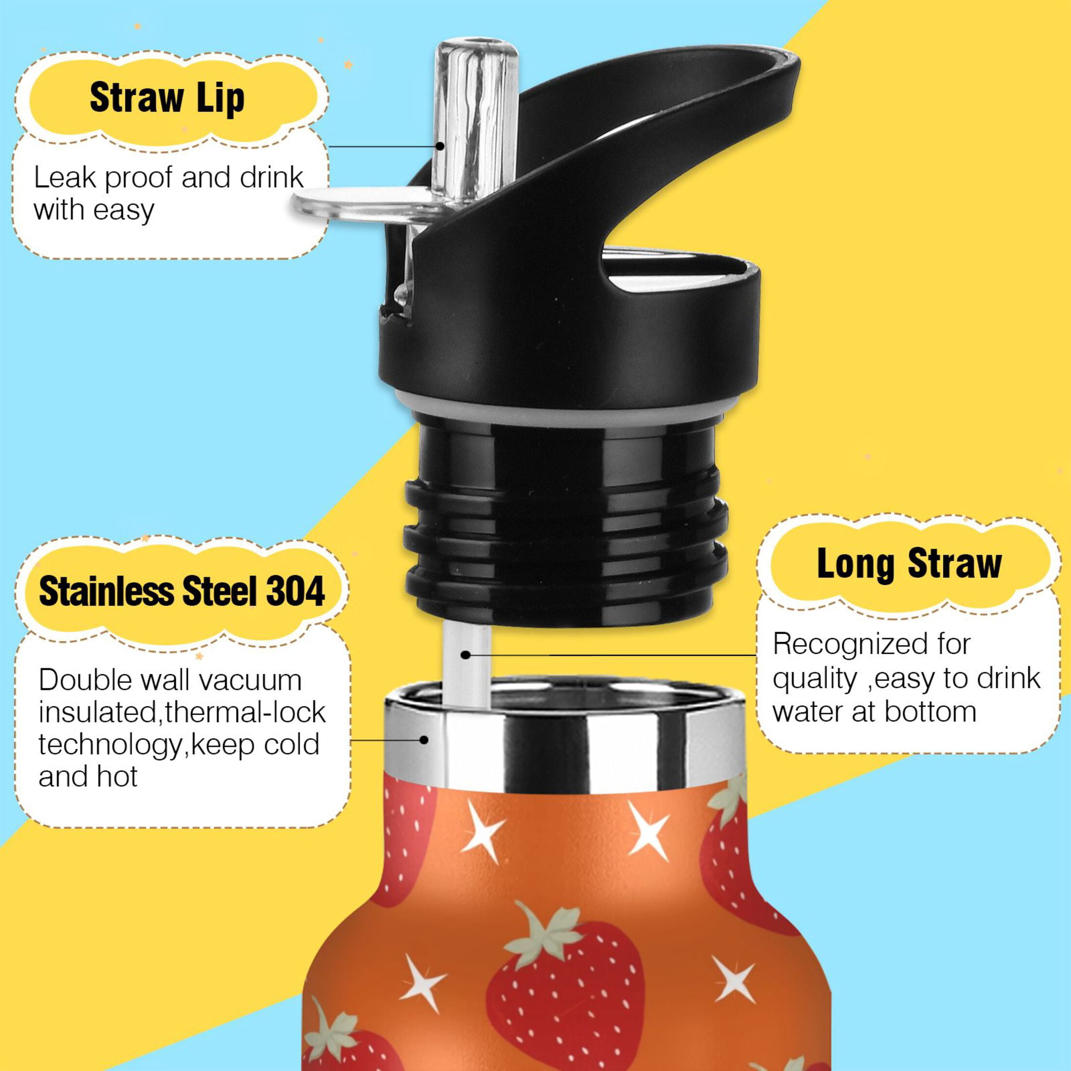 Kids Insulated Stainless Steel Sports Water Bottle 600ml Strawberry and White Stars Pattern