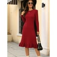 thumbnail image 4 of Women'S Ribbed Knit Sweater Dress Casual Long Sleeve Crew Neck Bodycon Pleated A Line Long Dress Streetwear Wine Red XXL, 4 of 10