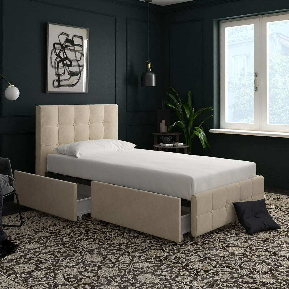 DHP Rose Upholstered Bed with Storage, Ivory Velvet - Twin, (Ivory