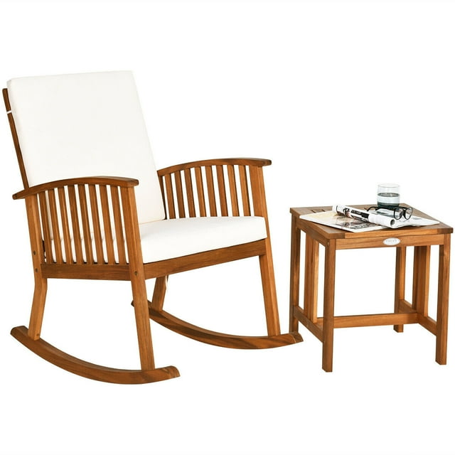 Outdoor Rocking Chair and Side Table - Wood Patio Chair with Cushion - Brown