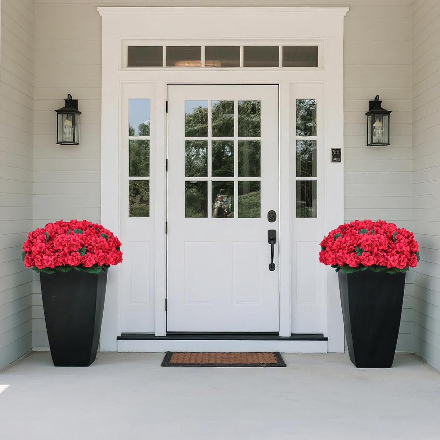 18 Inch Artificial Geranium Topiary Set of 2 - Red Silk Faux Flowers  Potted Plants for Outdoor Indoor Porch Garden Home Decor