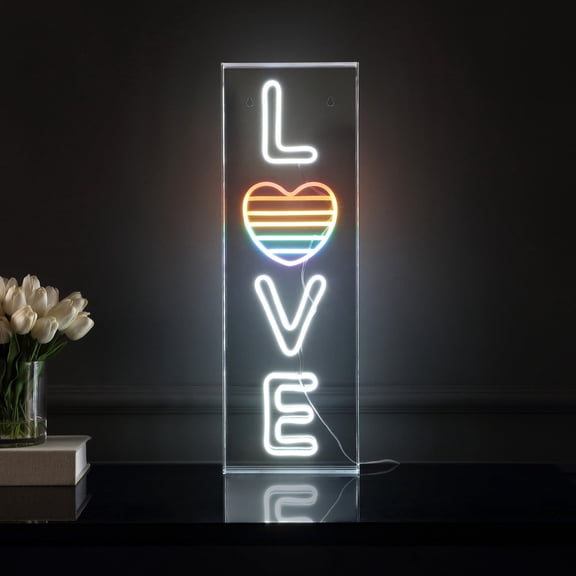 LOVE 8" X 24" Contemporary Glam Acrylic Box USB Operated LED Neon Light, White/Rainbow