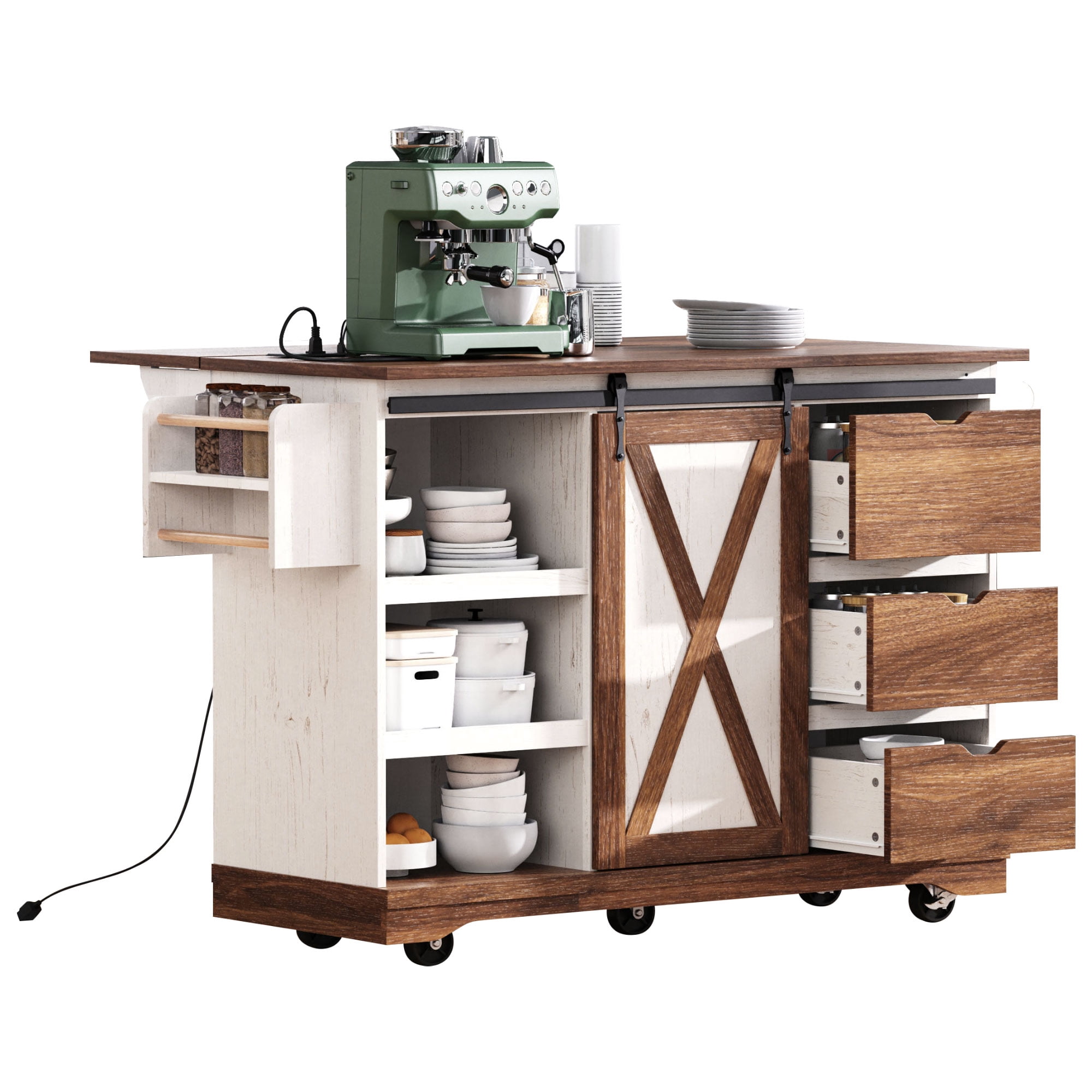 Euroco Farmhouse Kitchen Island with Drop Leaf, Charging Station, Storage Cabinet & Drawers, Rolling Kitchen Cart with Barn Door – 55.5''W