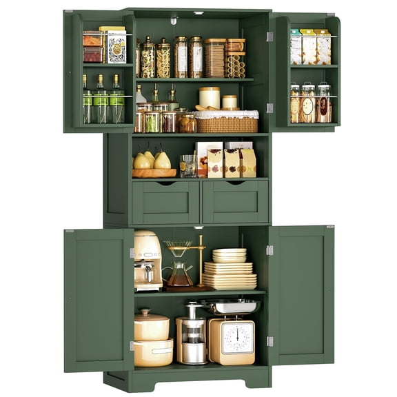 Kitchen Pantry Cabinet with Adjustable Shelf, Tall Storage Cabinet with 2 Drawers & 4 Door, Food Pantry Cabinets, for Kitchen, Dining Room, Living Room, Green
