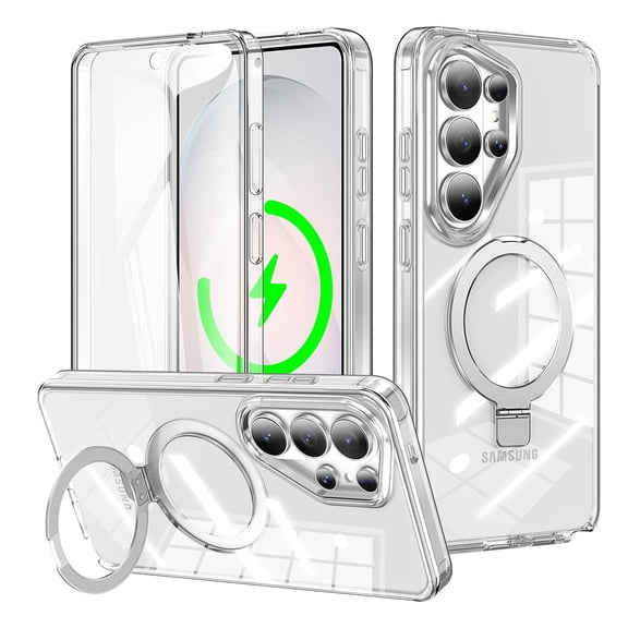 ELEHOLD for Samsung Galaxy S26 Ultra Magnetic Case Built-in Screen Protector, Shockproof Full Body Frosted Ring Stand Drop Protection Case,Clear