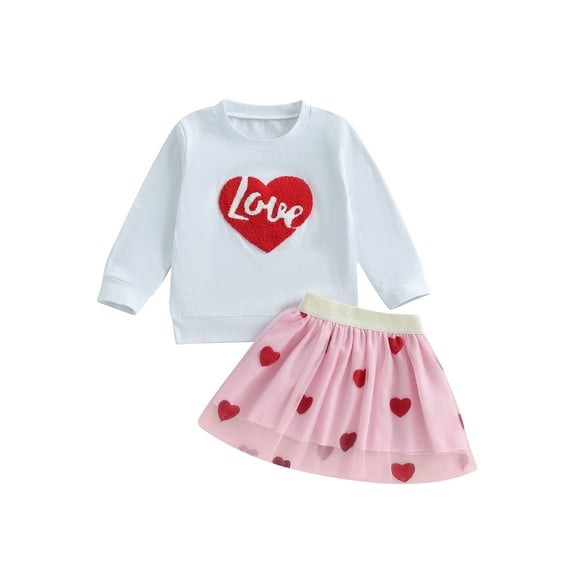 Toddler Kids Little Girl Valentine Outfit 18 24 Months 2T 3T 4T 5T Long Sleeve Letter Embroidery Sweatshirt with Heart Tulle A-Line Skirt Clothing Set
