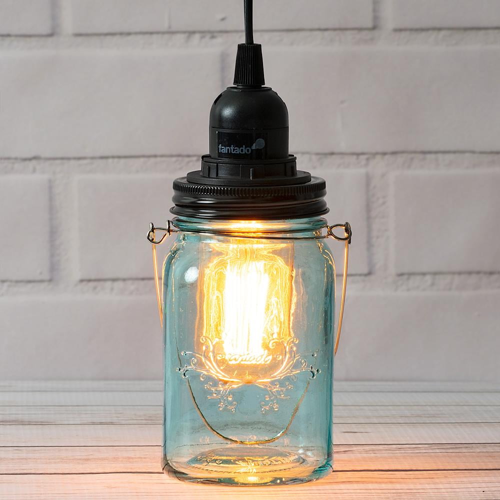 Fantado Water Blue Glass Mason Jar Pendant Light Kit, Regular Mouth